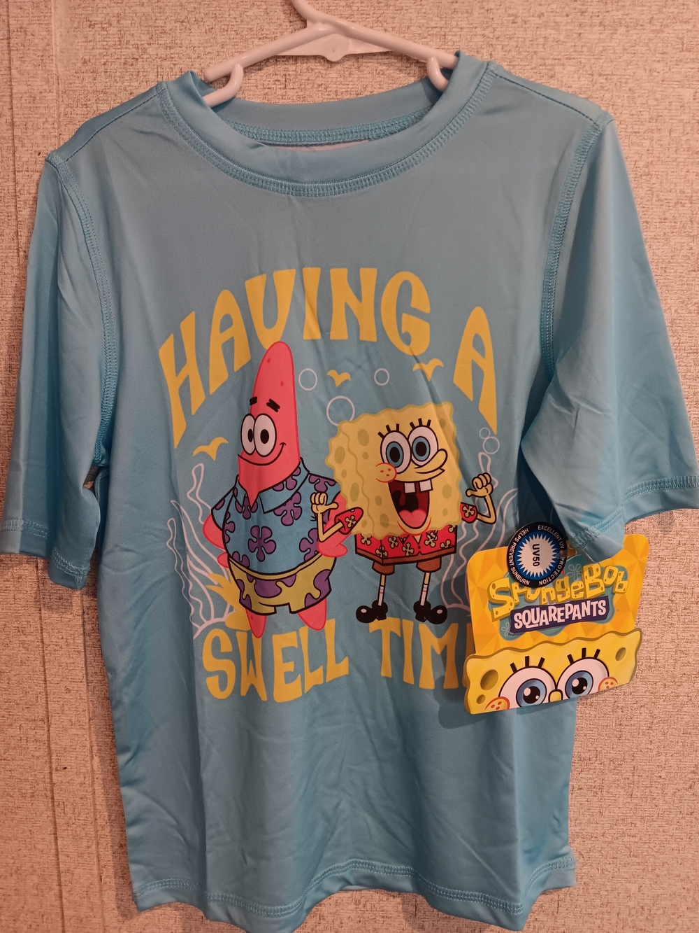 SpongeBob SquarePants Kids' Light Blue "Having a Swell Time" Swim Shirt Size 6/7